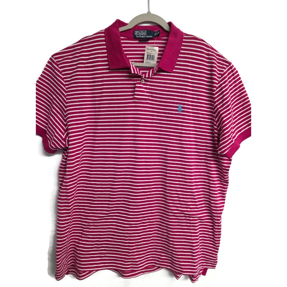 Polo Ralph Lauren Mens XXL Pink White Striped Pima Cotton Custom Fit Polo Shirt